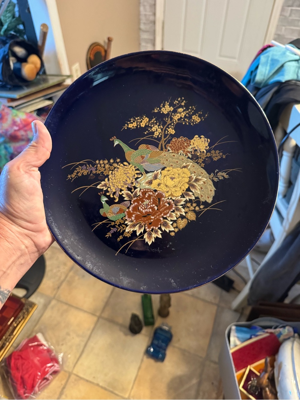 Vintage Japan Fuki Choshun Cobalt Blue Peacock Vase & Plate Set